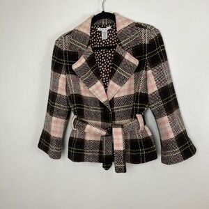 VTG Y2K Clueless Soft Academia Cabi Kate Plaid Wool Belted Blazer 8‎ Pink Brown